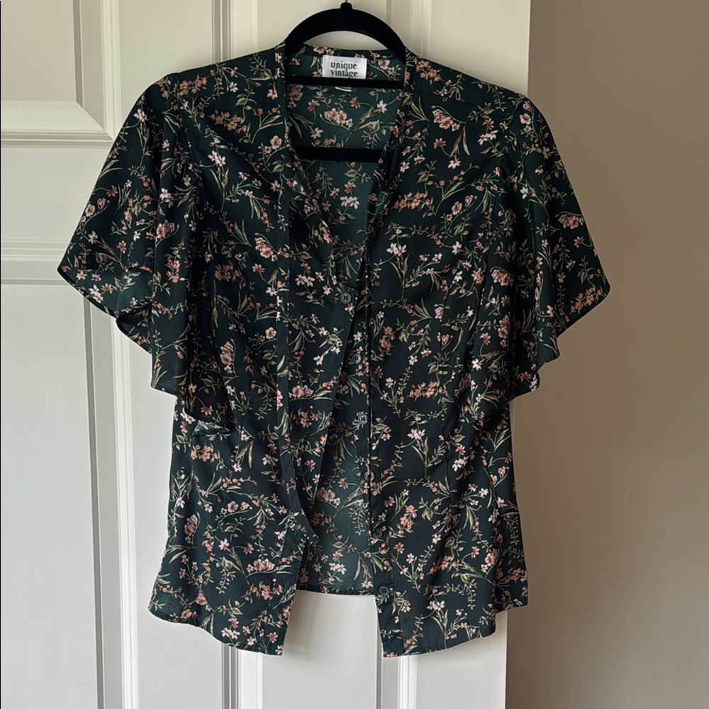 Unique Vintage Black and Blue Flutter Sleeve Blouse